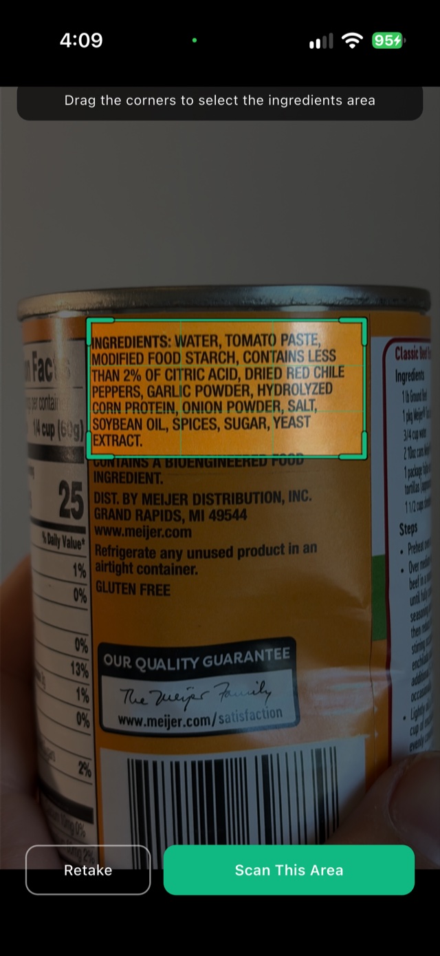 Selecting the ingredient list on a can