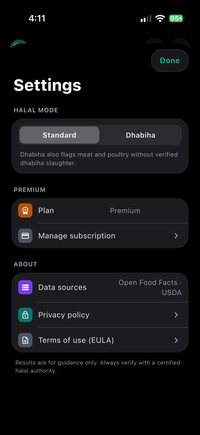 Settings with Standard and Dhabiha modes